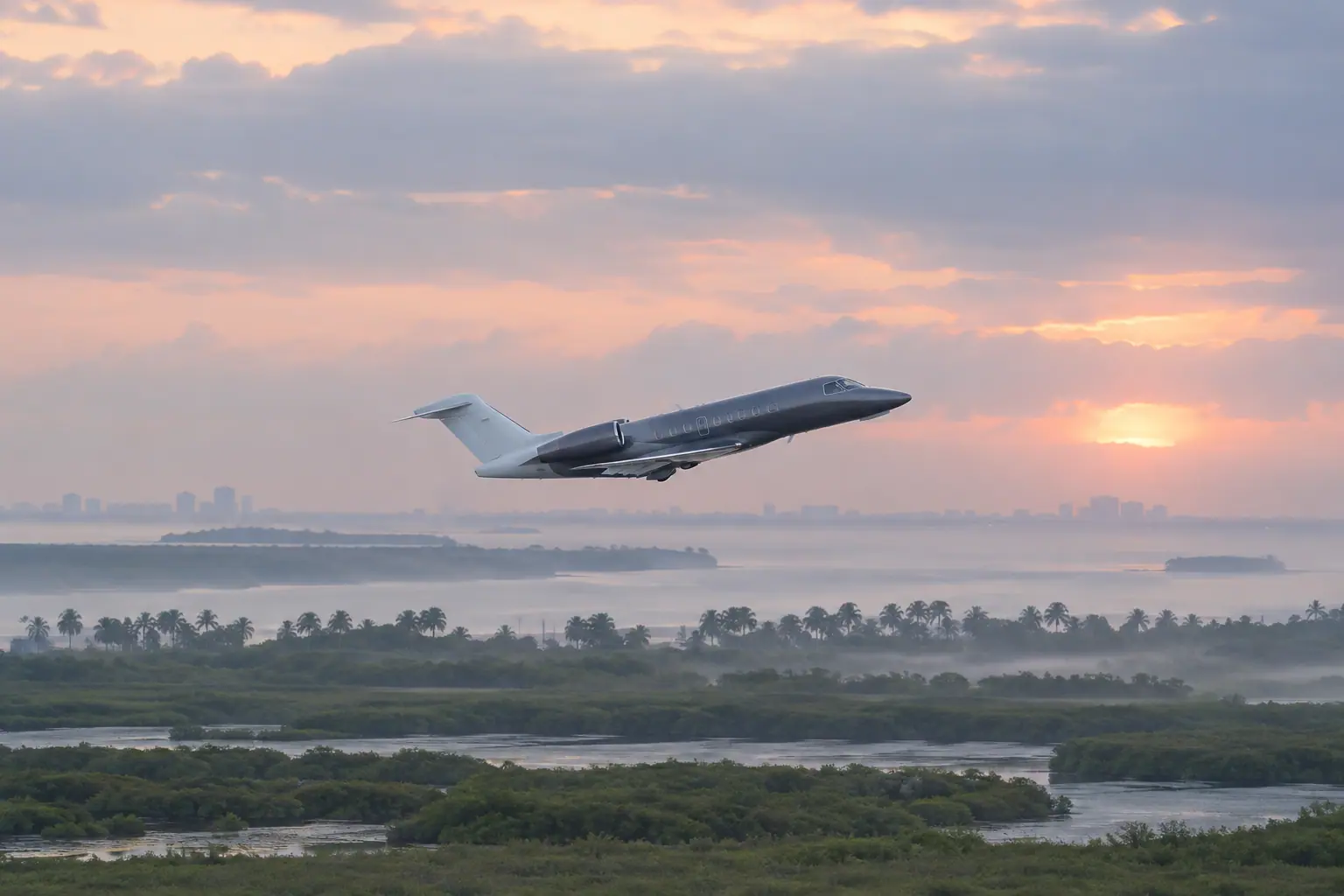 Private jet climbing out over Miami