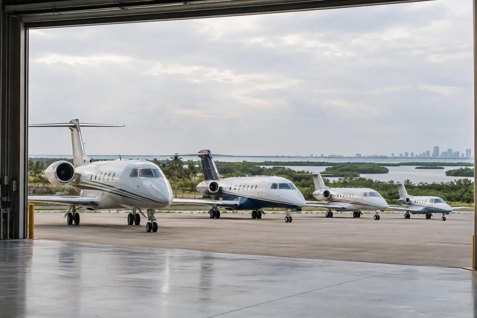 Business jets of different sizes on a ramp